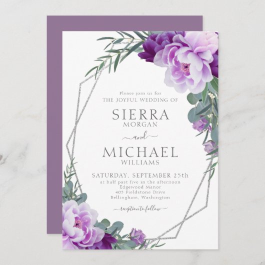 Elegante Silver & Lila Eukalyptus-Hochzeit Einladung (Vorne/Hinten)