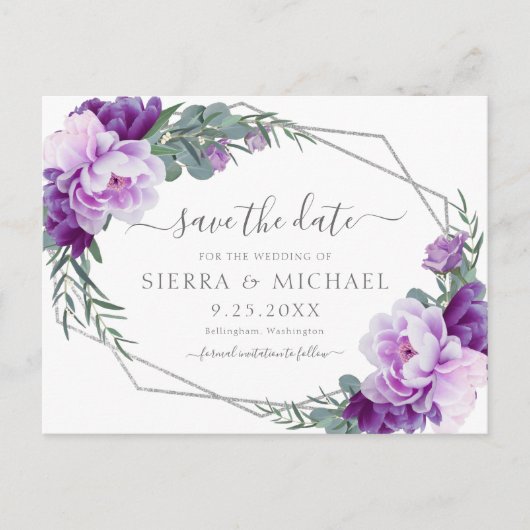Elegante Silver Lila Floral Save the Date Hochzeit Ankündigungspostkarte (Vorderseite)