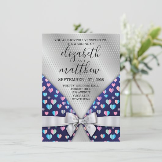 Elegante Silver Lines Einladung Bow and Heart Spec (Stehend Vorderseite)