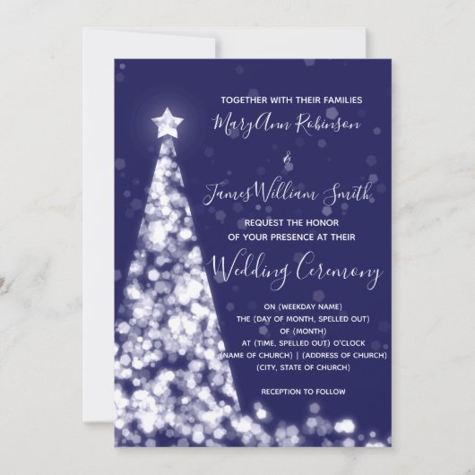 Elegante Silver Navy Weihnachtsbaum Hochzeit Einladung (Vorderseite)