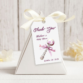 Elegante Silver Pink Rattle Bow Baby Shower Geschenkanhänger