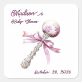 Elegante Silver Pink Rattle Bow Baby Shower Quadratischer Aufkleber (Vorderseite)