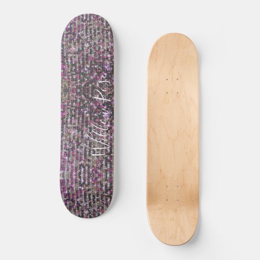Elegante Silver Pink White Kristall-Sequenzer Skateboard (Vorderseite)