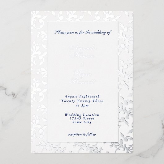 Elegante Silver Pressed Rokoko Muster Hochzeit Folieneinladung (Vorderseite)