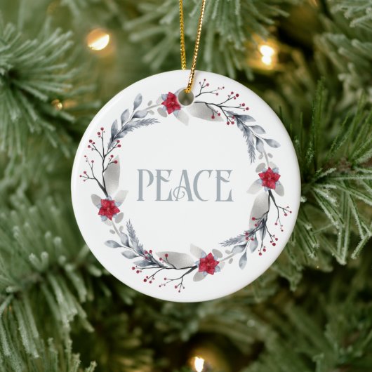 Elegante Silver Red Wreath Peace Keramik Ornament (Baum)