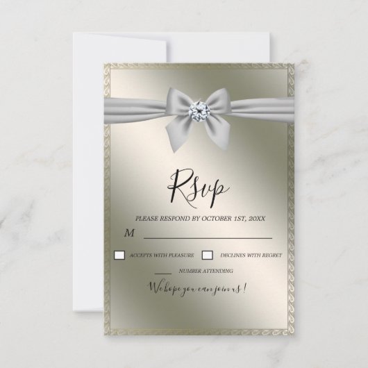 Elegante Silver Ribbon Bow Wedding RSVP Karte (Vorderseite)