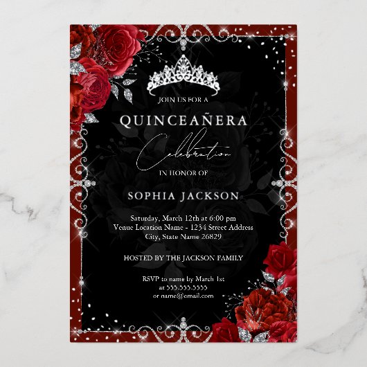 Elegante Silver Rote Rose Quinceanera Folieneinladung (Vorderseite)
