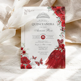 Elegante Silver Rote Rosen Quinceañera Princess Einladung