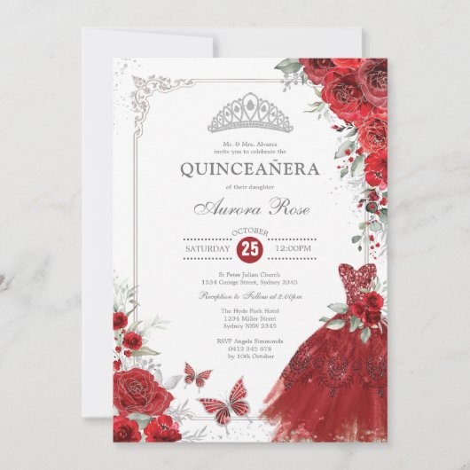 Elegante Silver Rote Rosen Quinceañera Princess Einladung (Vorderseite)