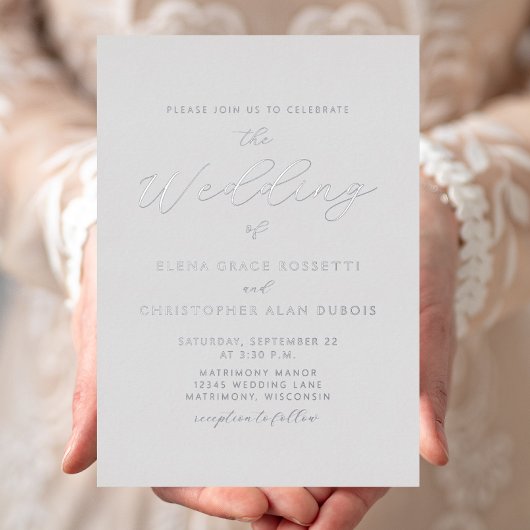 Elegante Silver Script Gray Wedding Folieneinladung