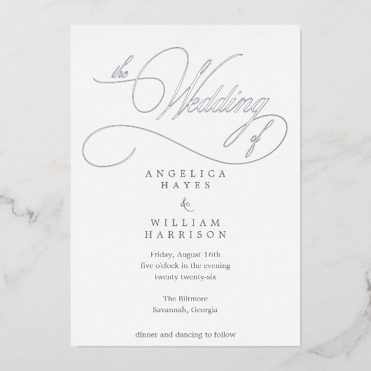 ELEGANTE SILVER SCRIPT WEDING INVITATION | MINIMAL FOLIENEINLADUNG (Vorderseite)