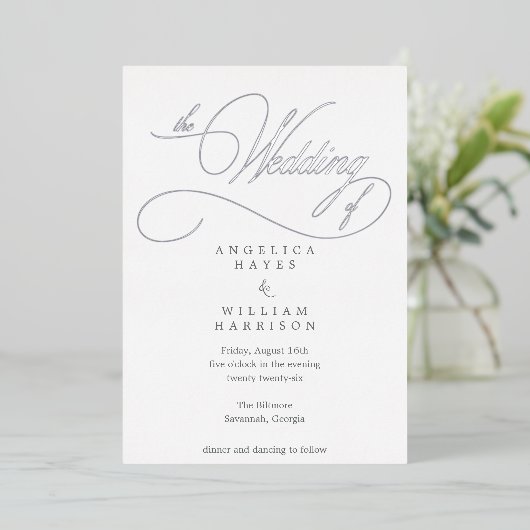 ELEGANTE SILVER SCRIPT WEDING INVITATION | MINIMAL FOLIENEINLADUNG (Stehend vorne)