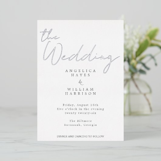 ELEGANTE SILVER SCRIPT WEDING INVITATION | MINIMAL FOLIENEINLADUNG (Stehend vorne)