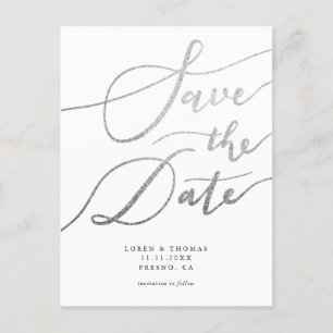 Elegante Silver Simple Script Wedding Save the Dat Ankündigungspostkarte