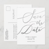 Elegante Silver Simple Script Wedding Save the Dat Ankündigungspostkarte (Vorne/Hinten)