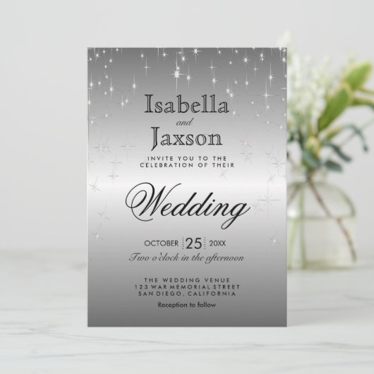 Elegante Silver Star Lights Hochzeit Einladung (Stehend Vorderseite)