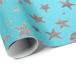 Elegante Silver Stars Moon Türkis Aquamarine Geschenkpapier