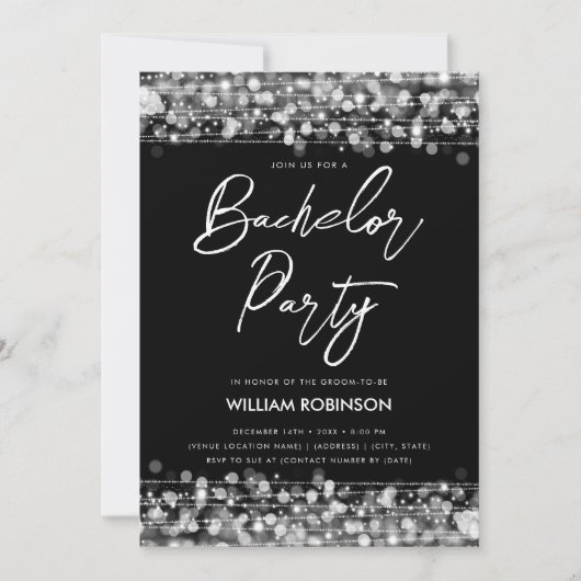 Elegante Silver String Lights Bachelor Party Einladung (Vorderseite)