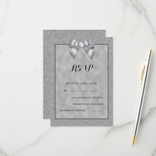 Elegante Silver & Stylish Glitzer Wedding RSVP Karte (Vorderseite/Rückseite Beispiel)