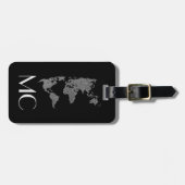 Elegante Silver Travel World Map Mit Monogramm Nam Gepäckanhänger (Vorderseite horizontal)