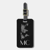Elegante Silver Travel World Map Mit Monogramm Nam Gepäckanhänger (Vorderseite vertikal)