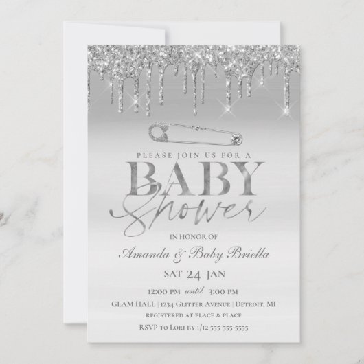 Elegante Silver Tropfen Safety Button Baby Shower Einladung (Vorderseite)