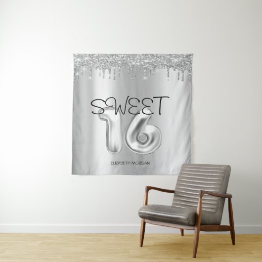 Elegante Silver Tropfen Sweet 16 Wandteppich (Beispiel)
