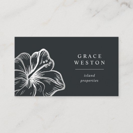 Elegante Silver Tropical Hibiskus Blume Visitenkarte (Vorderseite)