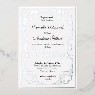 Elegante Silver Verziert Blüh Border Wedding Folieneinladung