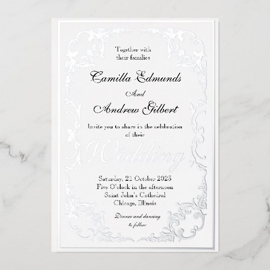 Elegante Silver Verziert Blüh Border Wedding Folieneinladung (Vorderseite)