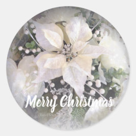 Elegante Silver & White Christmas Poinsettia Runder Aufkleber