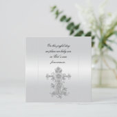 Elegante Silver White Satin Cross Taufe Einladung (Stehend Vorderseite)