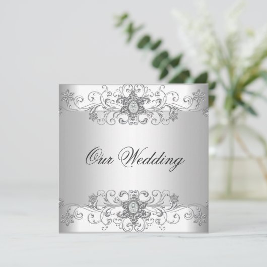 Elegante Silver White Wedding Einladung (Stehend Vorderseite)