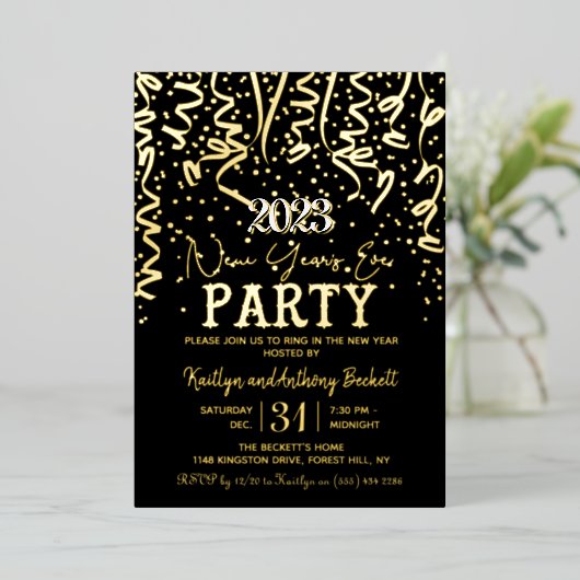 Elegante Silvesterfeier Party real Folieneinladung (Stehend vorne)