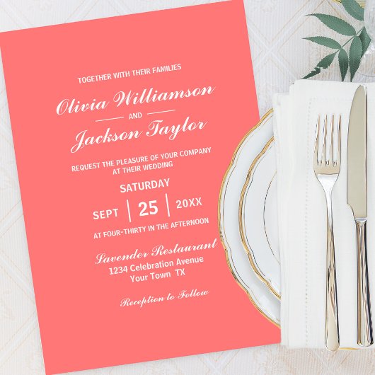 Elegante Simple Coral White Wedding Einladung