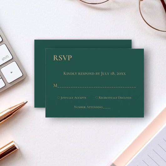 Elegante Simple Emerald Green Gold Monogram Weddin RSVP Karte