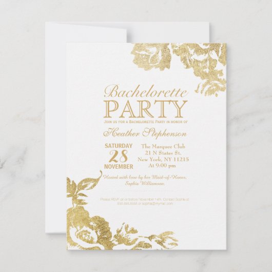 Elegante Simple Modern Floral Gold Bachelorette Einladung (Vorderseite)
