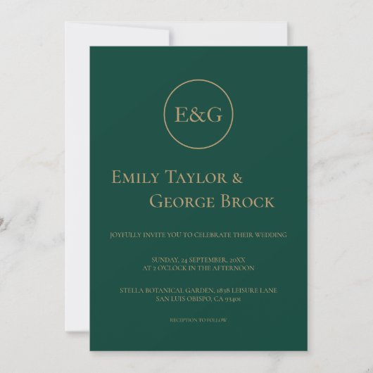 Elegante Simple Modern Monogram Emerald Wedding Einladung (Vorderseite)