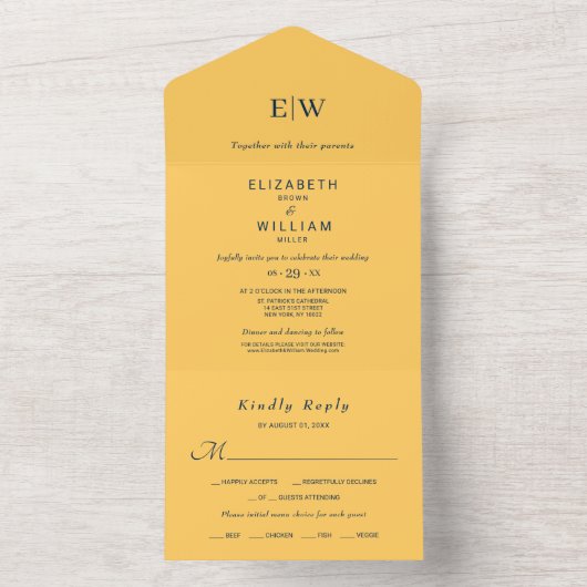 Elegante Simple Ray Blume mit Monogram Wedding All In One Einladung (Innen Boden)