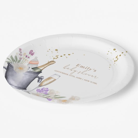 Elegante Sip & See Champagne Flasche Baby Dusche Pappteller (Schrägansicht)