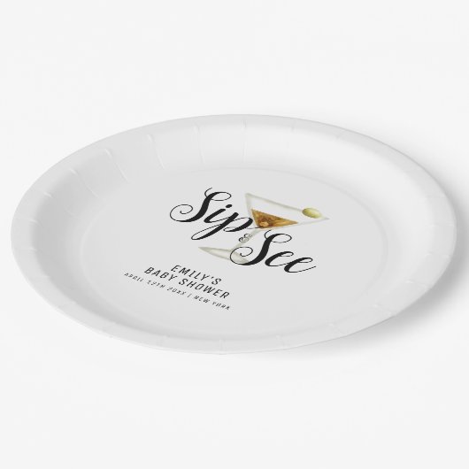 Elegante Sip & See Martini Cocktail Babydusche Pappteller (Schrägansicht)