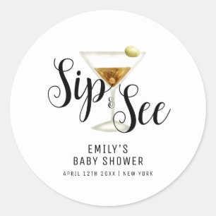 Elegante Sip & See Martini Cocktail Babydusche Runder Aufkleber