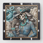 Elegante Skeleton Portrait Floral Hintergrund Quadratische Wanduhr (Vorderseite)
