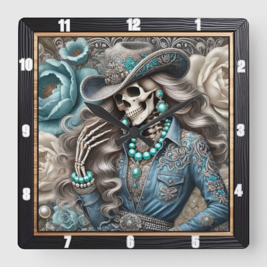 Elegante Skeleton Portrait Floral Hintergrund Quadratische Wanduhr (Vorderseite)