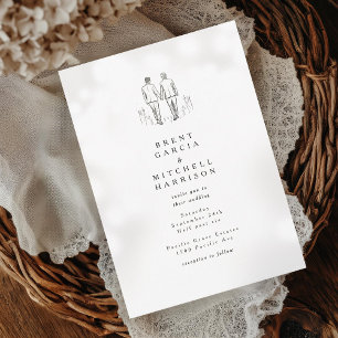 Elegante Sketch Two Grooms Gay Wedding Einladung