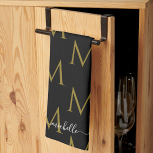 Elegante Skript Name Vorlagen Monogramm Schwarz & Geschirrtuch