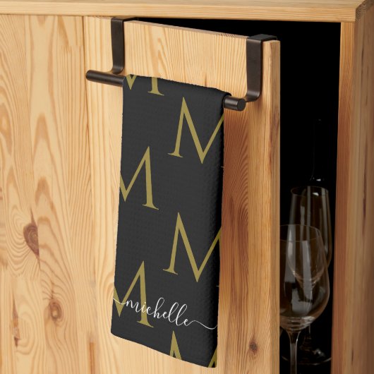 Elegante Skript Name Vorlagen Monogramm Schwarz & Geschirrtuch (Drittel gefaltet)