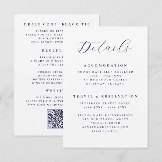Elegante Skript QR-Code Zielort Hochzeitsdetails Begleitkarte (Vorne/Hinten)