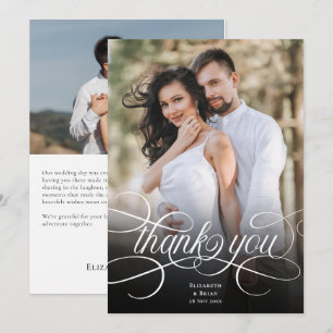 Elegante Skript Schwarz-Weiß-Foto-Hochzeit Dankeskarte