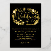 Elegante Skriptfoliage Hochzeit Schwarz und Gold F Folieneinladung (Vorderseite)